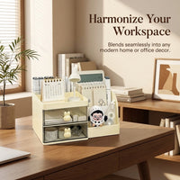 Desktop Book Stand Organizer with Drawer and Pen Holder, Desk Storage for Office Supplies, Large Table Top with Compartments for Students
