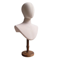 White Linen Bust Form Head Model Display Stand with Antique Wood Base