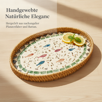 Handwoven Rattan and Mother-of-Pearl Decorative Tray for Storage and Serving