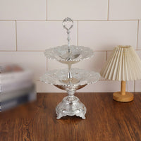 Double Layer Fruit Tray Central Handle Pedestal Fruit Tray Silver Colored Serving Plates for Home Display