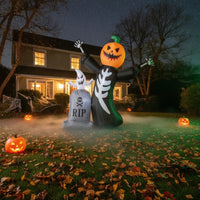 2 Pieces Freestanding Inflatable Skeleton with Pumpkin Head Spooky Inflatable Tombstone with Ghost Outdoor Halloween Inflate Decoration Scary for Lawn