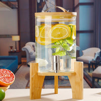 Glass Water Dispenser with Wood Stand, Large Cold Water Dispenser with Stainless Steel Tap, Ice Crackle Pattern Glass Dispenser for Home Bar Use