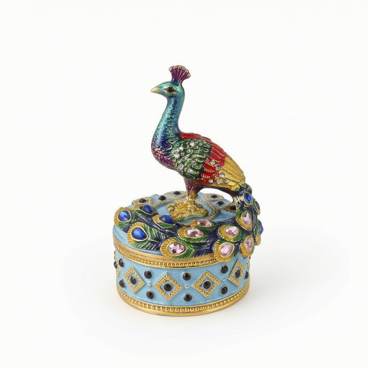 Jewelry Box with Peacock Figurine Lid Enamel-Style Jewelry Box with Peacock Ornate Gold-Tone for Women, Dresser, Vanity