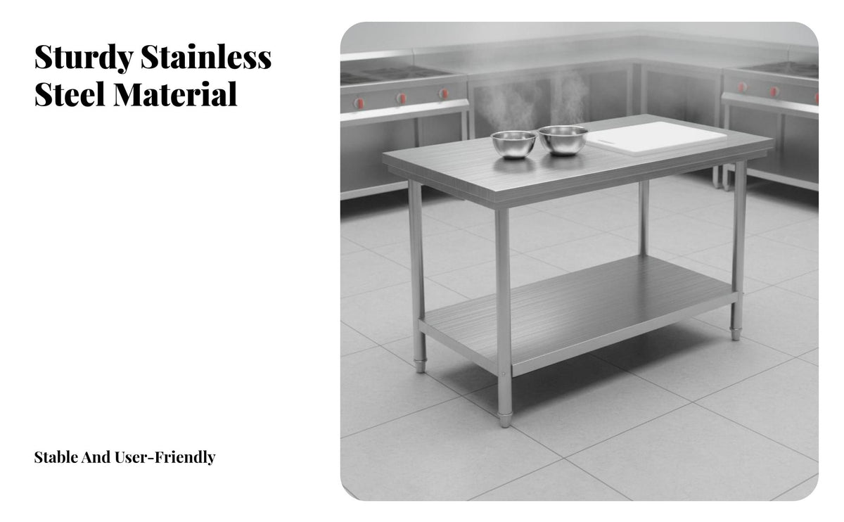 Anti-Rust Stainless Steel Work Table High Load-Bearing Capacity Stainless Steel Workbench Easy to Clean Commercial Kitchen Prep Table Adjustable Leveling Feet for Restaurant Employees, Workshop Workers, Homeowners, Cafeteria, Bakery, Garage, Laundry Room
