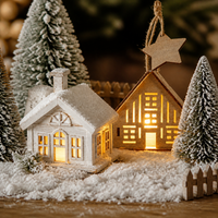 Christmas Village LED Light-Up Wooden House Ornaments with Snow and Trees for Holiday Decor