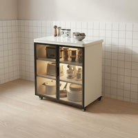 Lockable Casters Mobile Kitchen Island with Storage Large Capacity Mobile Kitchen Island Long-Lasting Work Surface Glass Door Buffet Cabinet Heavy Duty for Dining Room