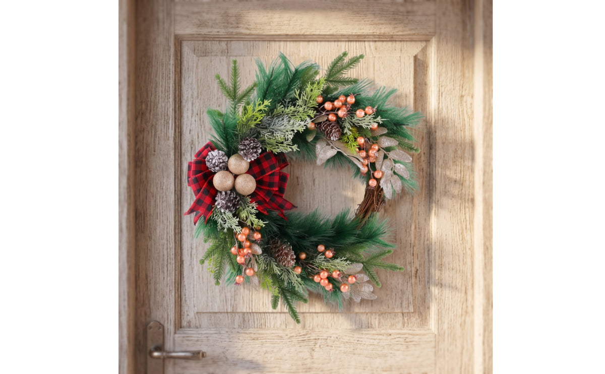 Red Black Plaid Bow Christmas Pine Wreath Door Hanging