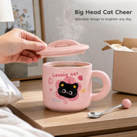 Ceramic Mug with Lid and Spoon, Cute Cat Design Coffee Cup, Birthday Gift for Friends