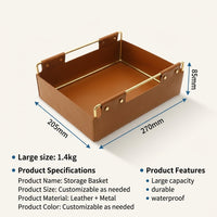 Storage Baskets for Office Desk with Rose Gold Metal Frame and Leather Base, Organizer with Built-In Handle, Decorative Wire