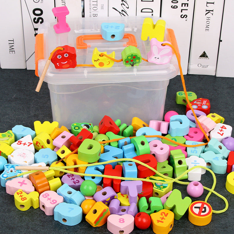 Wooden Lacing Beads Toy for Kids, Alphabet & Number Stringing Blocks for Early Education