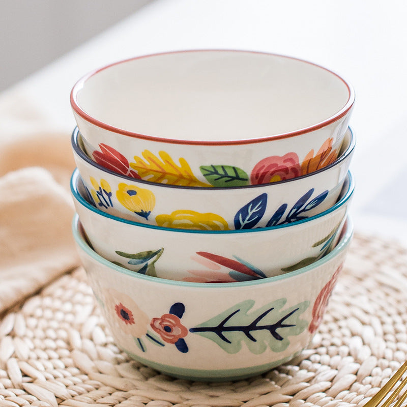 Japanese Style Ceramic Rice Bowl with Four Seasons Hand-Painted Design