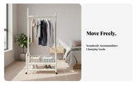 Mobile Design Rolling double-level Clothing Stand unattachedstanding Rolling Double Rod Clothes Organizer minimalist design Garment Rack Easy Assembly for Apartment Dwellers, Homeowners, Bedroom, Entryway, Laundry Room, Walk-in Closet
