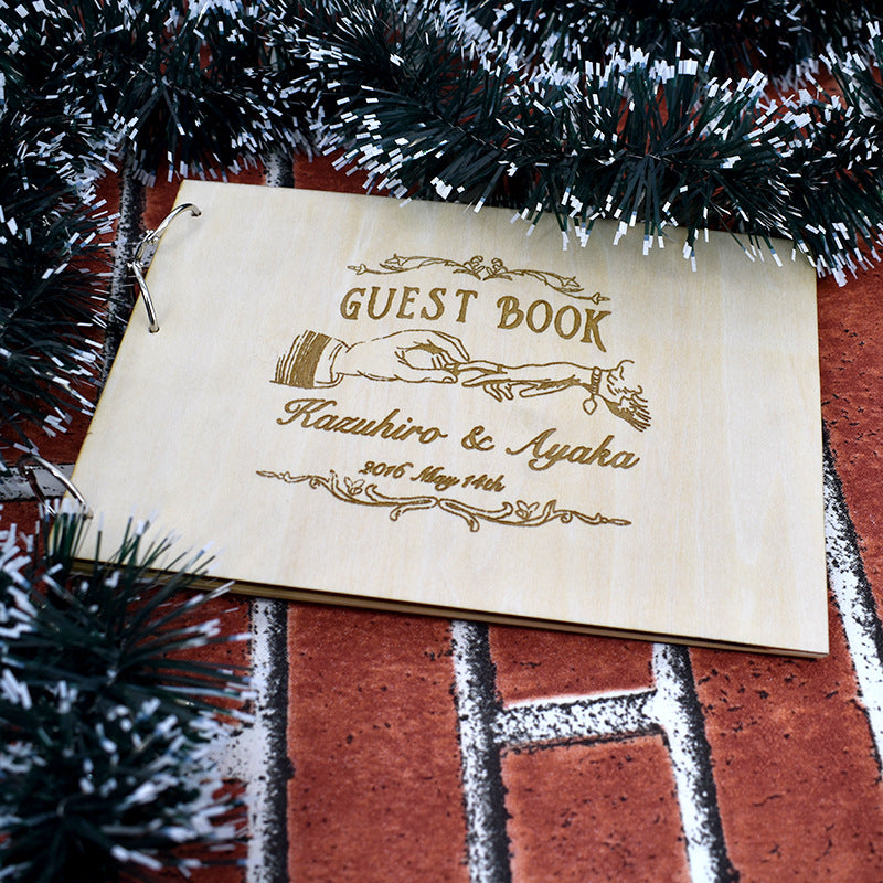 Wooden Wedding Guest Book with Engraved Design
