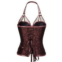 Women's Punk Leather Overbust Corset with Steel Bones and Halter Strap