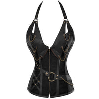 Women's Punk Leather Overbust Corset with Steel Bones and Halter Strap