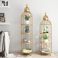 Nordic Creative Iron Birdcage Flower Stand with Solid Wood Shelves - Gold Multi-layer Living Room Decor Floor-standing Storage Rack