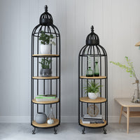 Nordic Creative Iron Birdcage Flower Stand with Solid Wood Shelves - Gold Multi-layer Living Room Decor Floor-standing Storage Rack