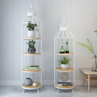 Nordic Creative Iron Birdcage Flower Stand with Solid Wood Shelves - Gold Multi-layer Living Room Decor Floor-standing Storage Rack