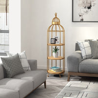 Nordic Creative Iron Birdcage Flower Stand with Solid Wood Shelves - Gold Multi-layer Living Room Decor Floor-standing Storage Rack