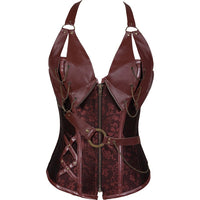 Women's Punk Leather Overbust Corset with Steel Bones and Halter Strap