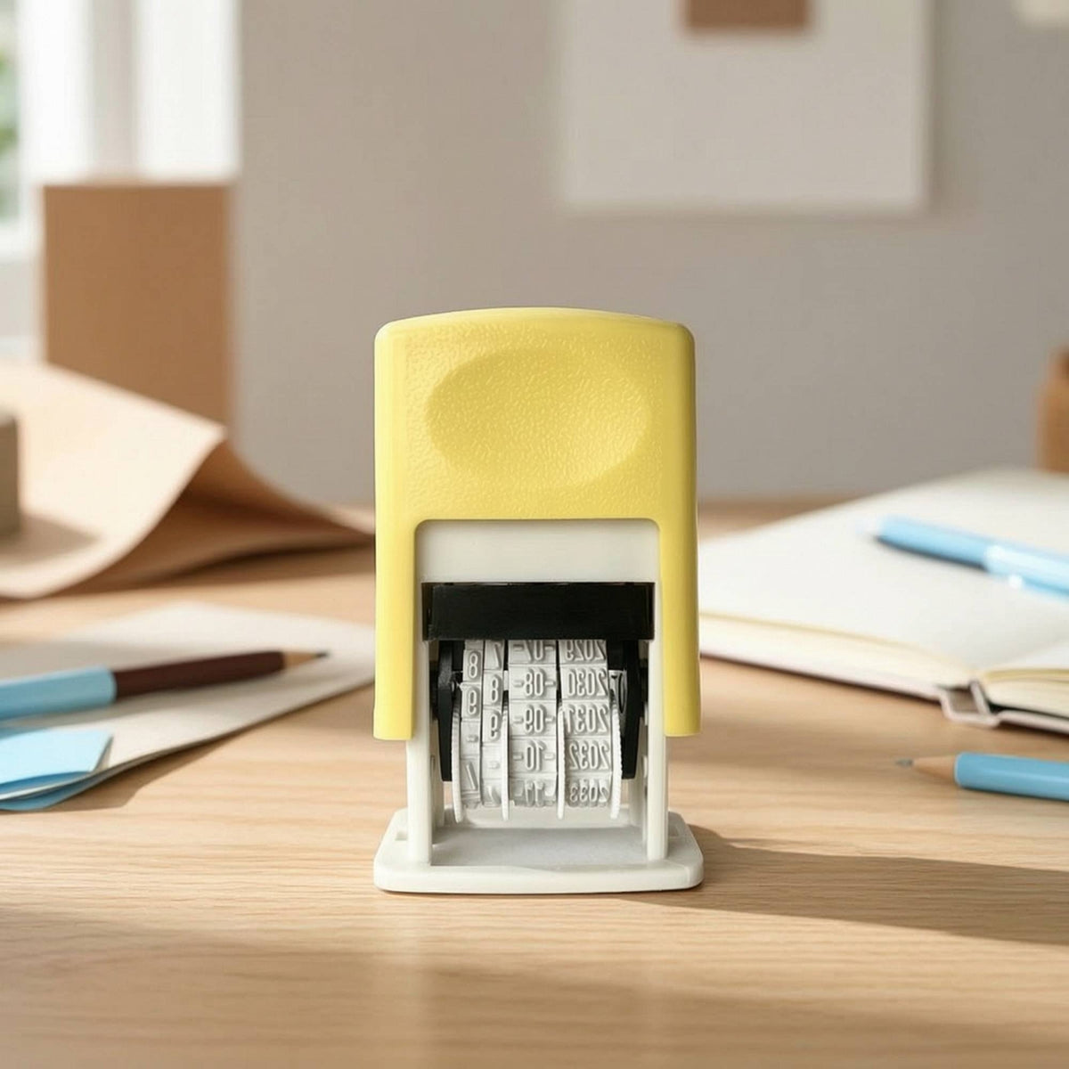 Self-Inking Date Stamp with Rotating Wheels and Mechanical Dial