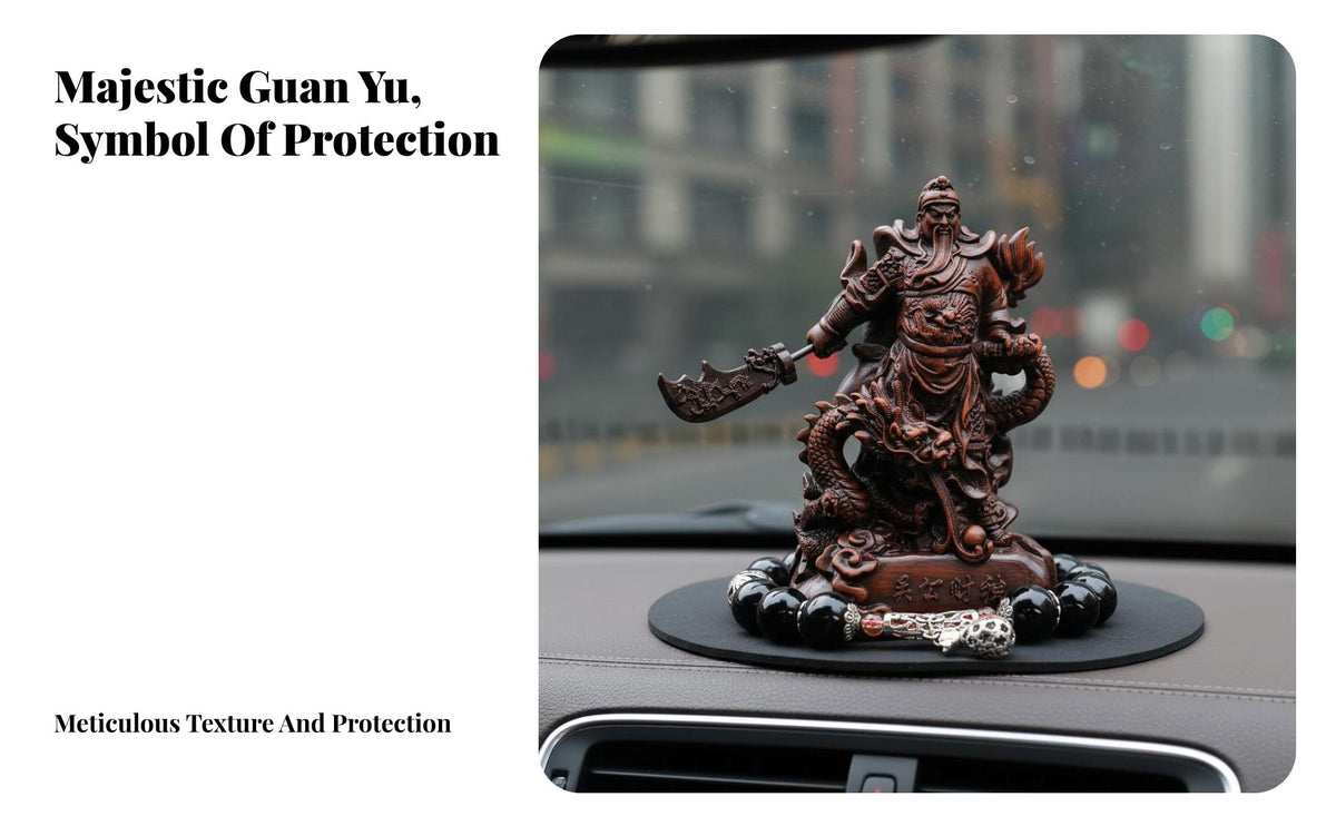 Wood Grain Finish Guan Gong Car Statue High-End Design Chinese Warrior Dashboard Figure Good Luck Charm for Drivers, Home Decor, Office Desk