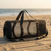 Zippered Mesh Duffel Bag Adjustable Shoulder Strap Cylindrical Travel Bag Carry Handles Strapping Loops