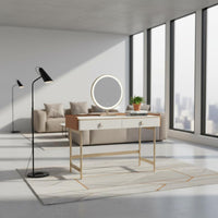 Retractable Design Makeup Vanity Set with Stool and Cabinet Large Storage Space Extendable Vanity Desk Rock Slab Countertop Bedroom Furniture Light Luxury Design for Apartment