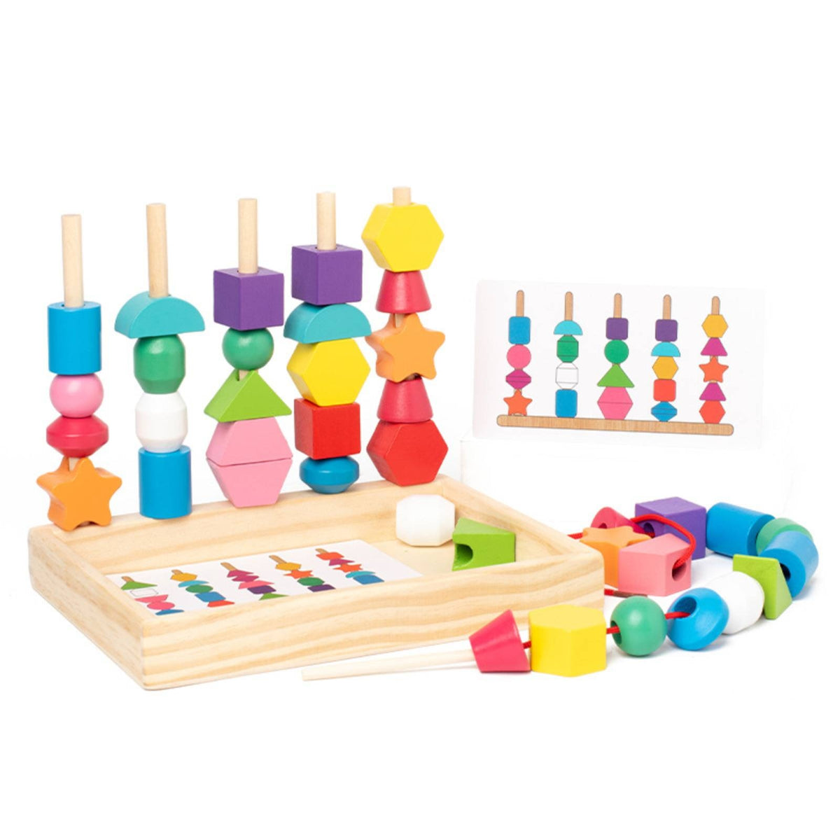 Children's Five-Column Bead Box Wooden Color Geometric Shape Matching Blocks Educational Toy for Ages 1-3