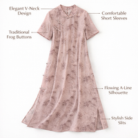 A Line Skirt Chinese Dress for Wedding Guest with V Neck, Plus Size Cheongsam Qipao for Summer, Wrinkle Resistant Polyester Design