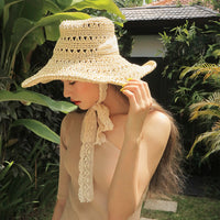 Women's Wide Brim Lace Sun Hat - Foldable Crochet Straw Beach Hat for Vacation