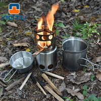 AOTU Outdoor Portable Wood Burning Stove Cookware Set Stainless Steel Camping Stove Pot AT6390