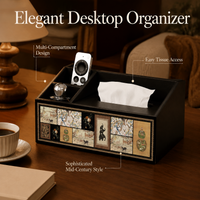 Square Tissue Box Cover with Compartments, Wooden Tissue Box Holder, MDF Desk Storage Organiser for Remote Controls, 26x16.5x13cm Vintage Design