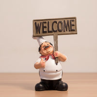 Resin Chef Statue with Signboard Welcoming Tabletop Chef Ornament Decorative Cartoon for Bakers, Restaurant