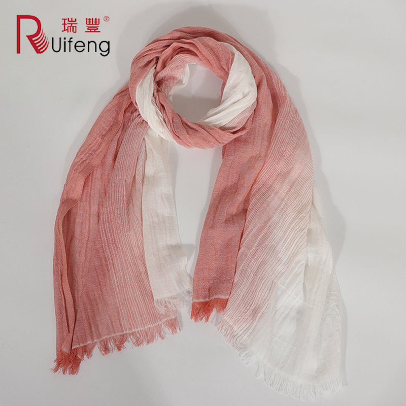 Cotton Linen Blend Breathable Gradient Solid Stripe Scarf Shawl for Spring/Summer