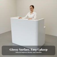 Curved White Reception Desk High-Gloss Finish Small Minimalist Front Desk Compact Footprint White Varnished Surface Cashier Stand for Shopkeepers
