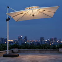 Protection Cantilever Umbrella with Lights Adjustable Tilt Solar Lighted Outdoor Umbrella Waterproof Heavy Duty Garden Sunshade 360° Rotation for Restaurant Owners, Market Stall, Backyard, Poolside, Deck