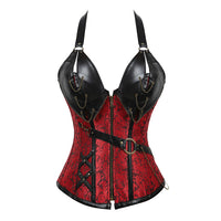 Women's Punk Leather Overbust Corset with Steel Bones and Halter Strap