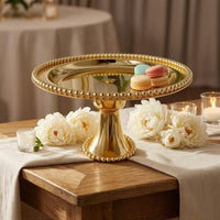 Mirrored Surface Round Dessert Stand Beaded Rim Pedestal Cake Stand Metal Display Tray Polished Finish