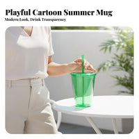 Cartoon Design Double Wall Tumbler with Straw Sweat Proof Insulated Plastic Cup with Lid and Straw Long-Lasting for Students, Summer, Home