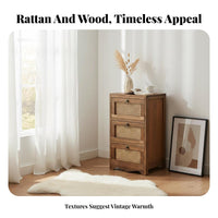 Vintage design Rattan Drawer Nightstand Ample Storage Rattan Drawer End Table Sturdy Construction Bedroom Furniture Easy Assembly for Homeowners, partners, Renters, Living Room, Hallway, Office