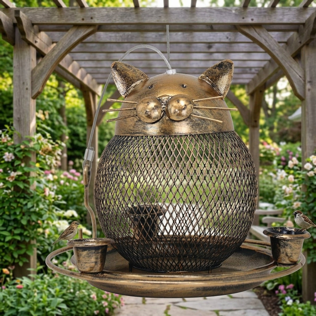 Antique Bronze Iron Cat-Shaped Avian Feeders, Vintage Aesthetic Feeder with Mesh Reservoir