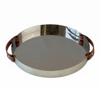 Leather Handled Tray Stainless Steel Mirrored Tray Shallow Rim Serving Platter for Tabletop Display