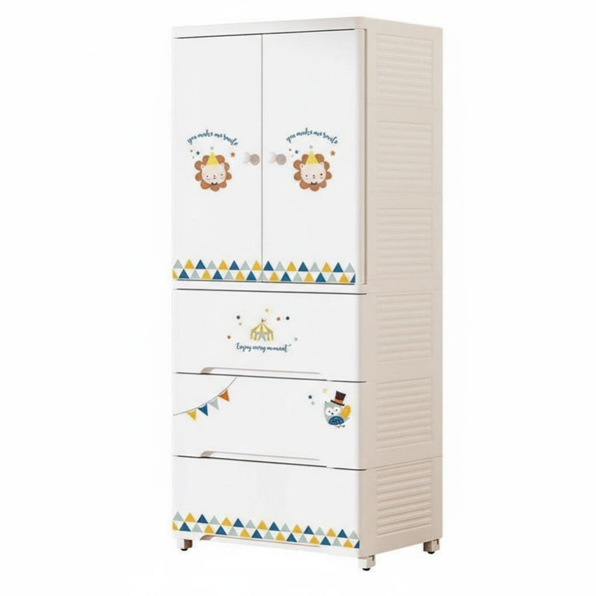 Large Capacity Wheeled kids' wardrobe Rounded Corners Storage Cabinet Cute creature Design Chest of Drawers Lockable Top Drawer for Children, Toddlers, Infants, Nursery, Bedroom, Playroom, Living Room