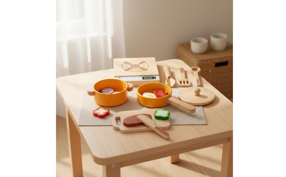 18 Pieces Wooden Kitchen Toy Set Sturdy Wood Construction Miniature Kitchen Playset Wooden Cooking Set Realistic Design
