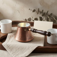 Antique Bronze-Brown Copper Cezve Dimpled Metal Hammered Copper Coffee Pot Wooden Handle Turkish Coffee Pot Flared Top