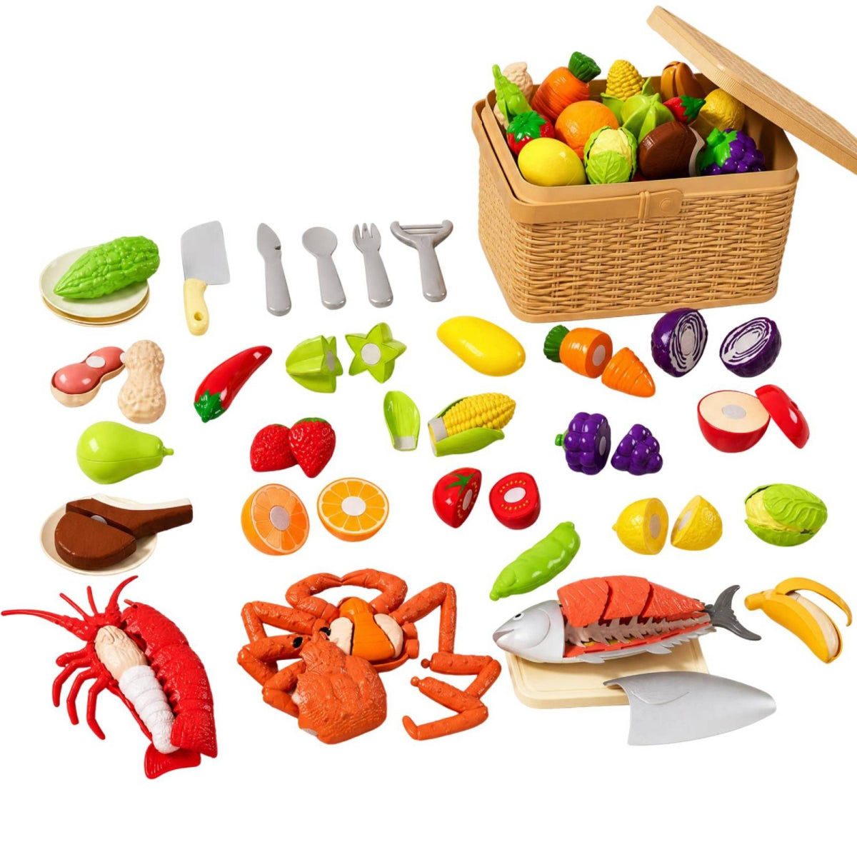 Fruit Vegetable Seafood Playset Lidded Cut-Apart Toy Food Basket Set Cuttable Play Food Set Rectangular Bright Colors