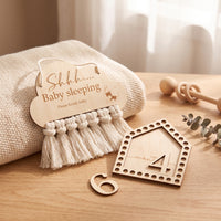 Baby Milestone Board with Numbers Wooden Nursery Hanging Sign Sleeping Reminder Plaque with Tassel Engraved puffShaped