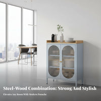 Modern Design Unrestrictedstanding Cupboard with Fluted Glass Doors Easy to Clean Fluted Door Cabinet Wide Countertop Storage Furniture Scratch Resistant Top for Homeowners, Renters, Dining Room, Kitchen, Entryway, Home Office