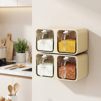 Wall-mounted spice organizer, 4 sections, with spoons and labels, moisture-resistant, beige